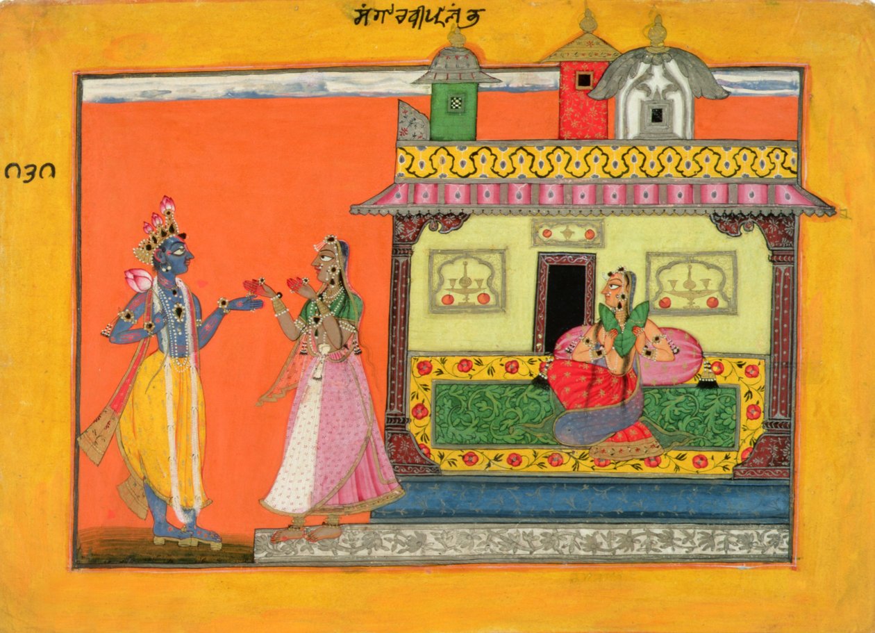 Krishna chegando na casa de Radhas, ilustração de um manuscrito do Rasamanjari de Bhanudatta, estilo Basholi, c.1660-70 de Pahari School
