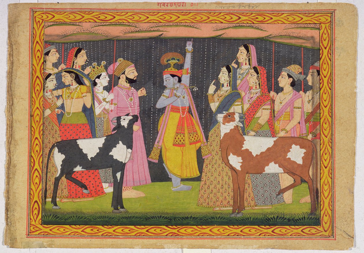 Krishna levantando o Monte Govardhana, do Bhagavata Purana, Kulu, Himachal Pradesh, 1749 de Pahari School