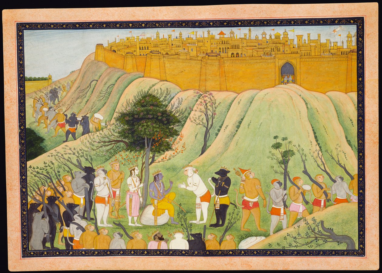 Rama e Lakshmana em Conselho dos Aliados Macacos e Ursos, c.1800 de Pahari School