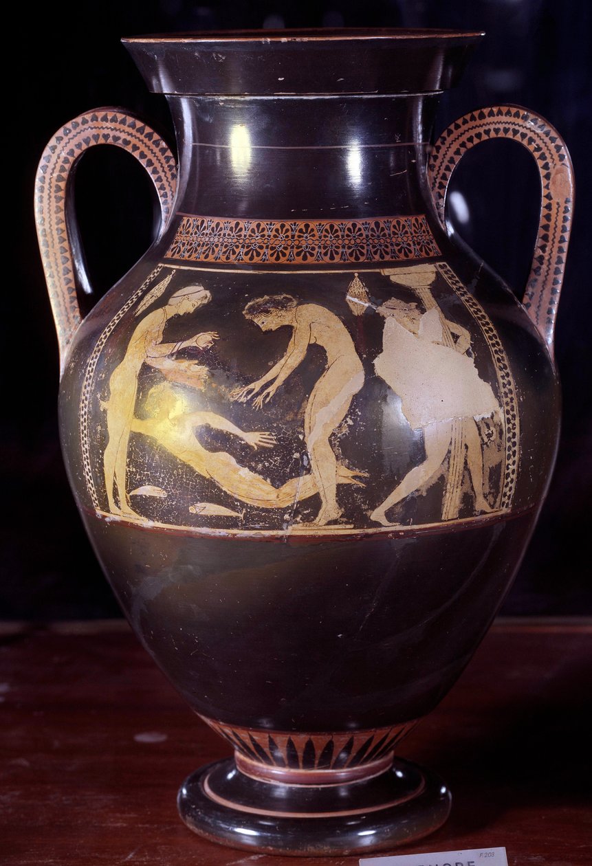 ânfora de cerâmica do sótão com figuras brancas representando uma cena de banho feminino. É atribuída a Andokides (século VI a.C.). Da Etrúria. 525-520 AC. Dim. 0,4x0,25 m. Paris, Museu do Louvre. de Painter Andokides