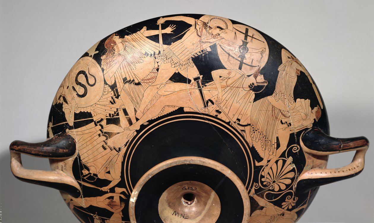 Detalhe de uma taça de sótão com figuras vermelhas representando cenas da Guerra de Tróia, c.490 BC (cerâmica) (ver 92562 & 211797 para interior) de Painter Brygos