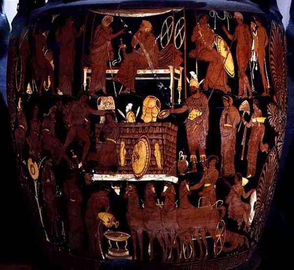 Cratera de figuras vermelhas apulianas, detalhe do sacrifício de prisioneiros troianos por Aquiles no funeral de Patroclus, grego, de Canosa, século IV a.C. (cerâmica) (ver também 119457) de Painter Darius