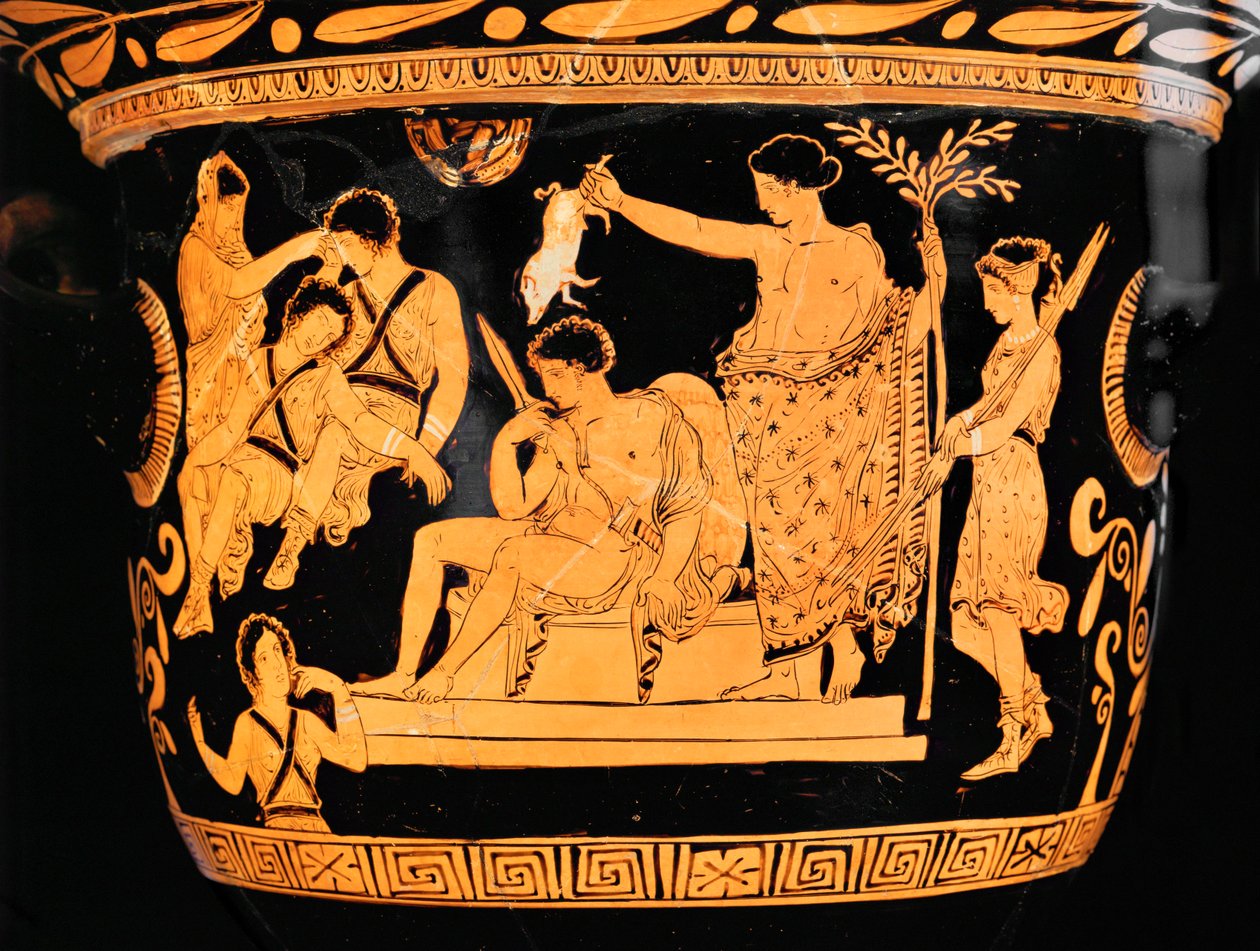 Cratera sinoidal de figuras vermelhas da Apúlia: Apolo purifica Orestes com o sangue de um leitão ... de Painter Eumenides