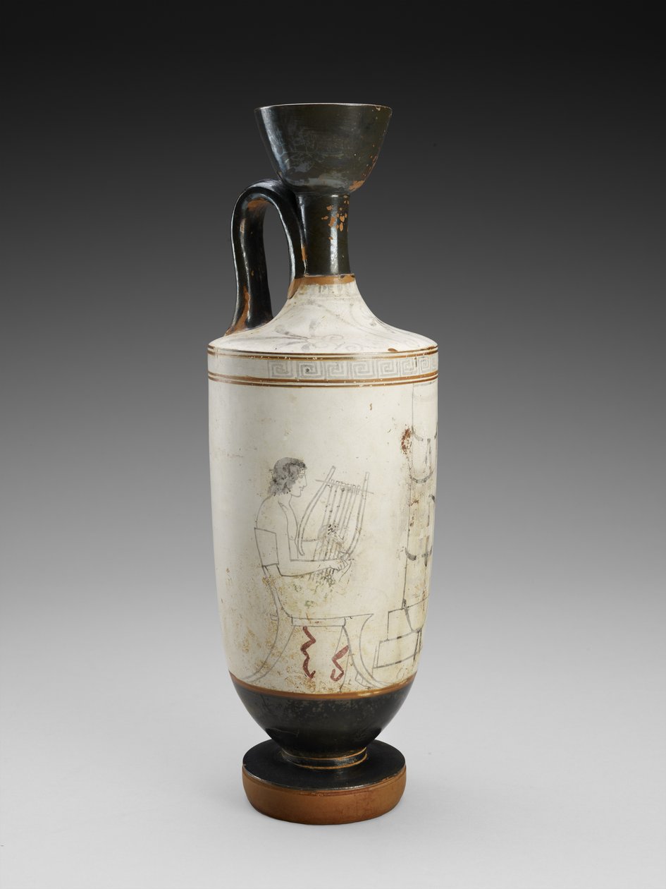 Ombro Lekythos com pintura policromada de fundo branco da cena funerária, 450-440 a.C. (terracota, estilo fundo branco) de Painter Houston