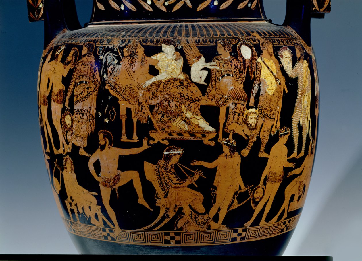 Sótão vermelho-cratera, detalhe da cena dos actores e músicos que se preparam para uma actuação perante Baco e Ariadne, grego, de Ruvo, século V a.C. (cerâmica) (ver também 119444-5 de Painter Pronomos