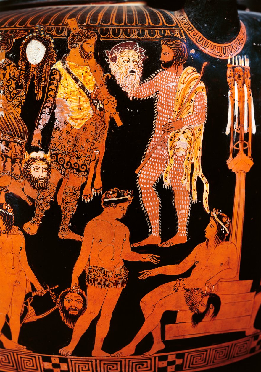 Krater de algarismos vermelhos com um ator segurando sua máscara, de Ruvo, c.410 BC (cerâmica) de Painter Pronomos