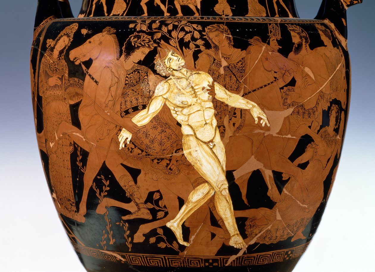 Sótão krater de algarismos vermelhos representando a morte do gigante de bronze, Talos (olaria) (detalhe de 85070) de Painter Talos