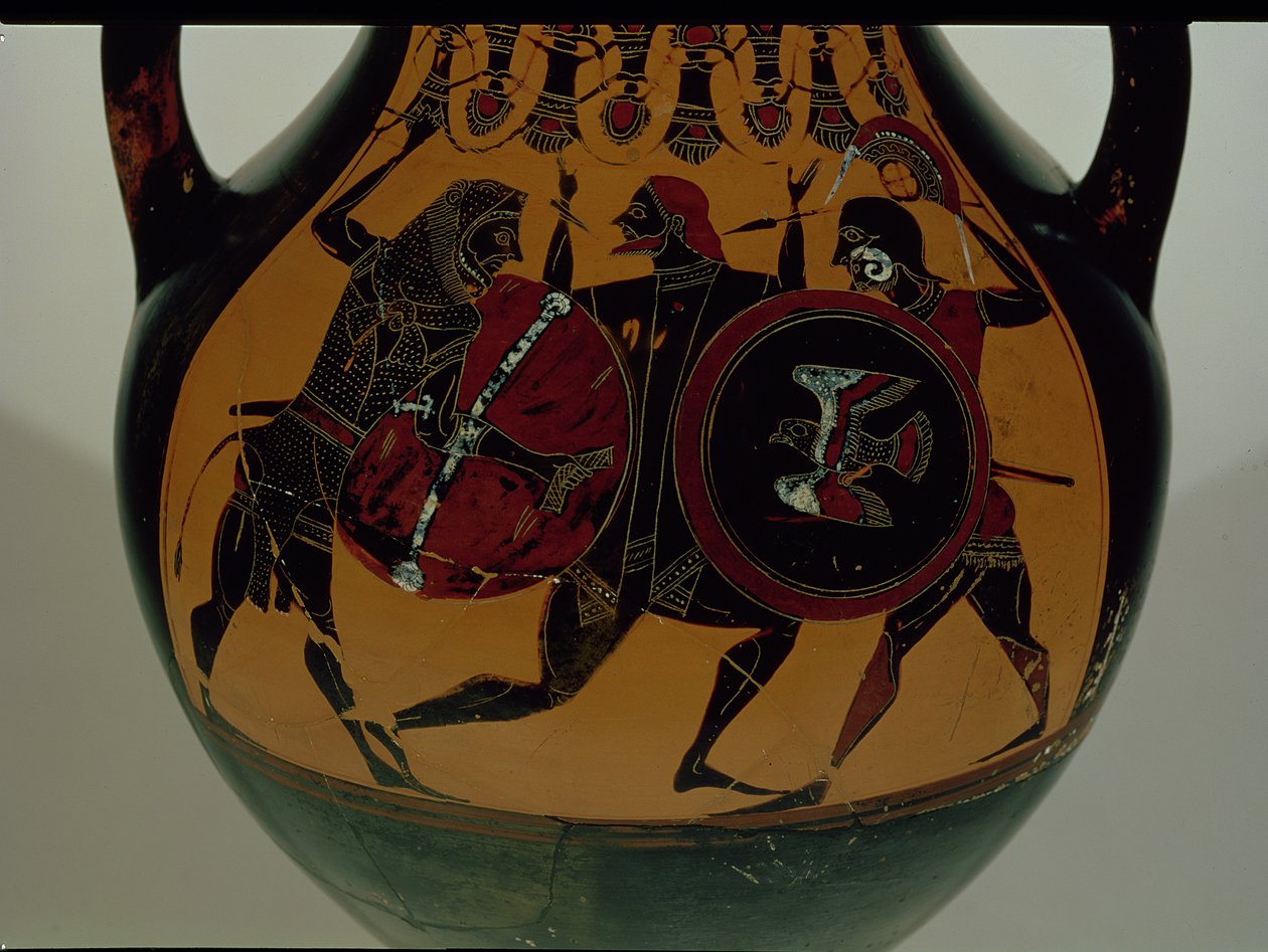 Ânfora ática de figuras negras decorada com uma cena de Heracles vestindo uma pele de leão lutando contra Cycnus, c.540 aC (cerâmica) de Painter of Berlin