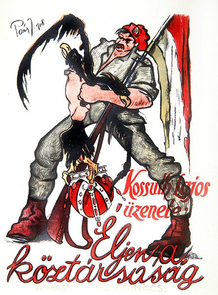 O revolucionário húngaro estrangula a águia austro-húngara de cabeça dupla e proclama a proclamação de Kossuth "Viva a República", cartaz da Comuna de Budapeste de Paizs Goebel Jeno