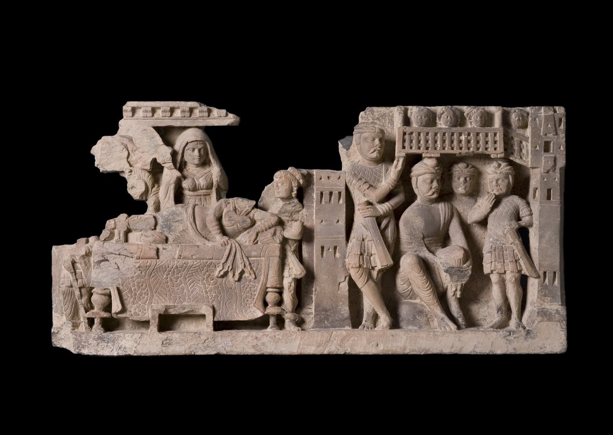 Painel de relevo representando o sonho da rainha Maya, região de Gandhara (xisto) de Pakistani School