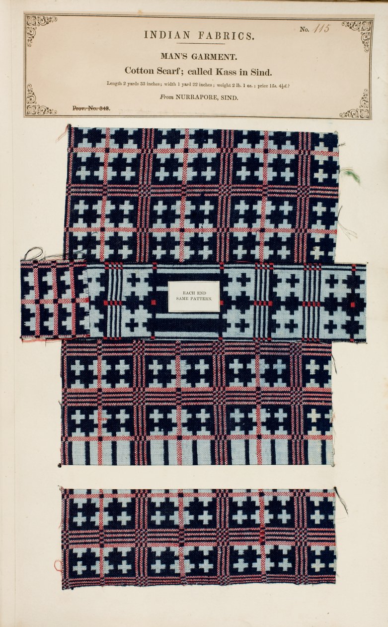 Amostra de cachecol de algodão de Nurrapore in Sind, da Coleção dos Fabricantes Têxteis da Índia, de John Forbes Watson, publicada em 1866 de Pakistani School
