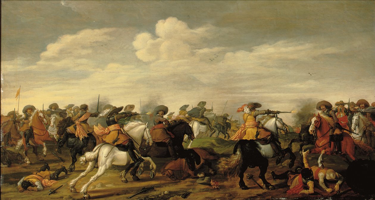 Uma escaramuça de cavalaria em uma paisagem de Palamedes Palamedesz
