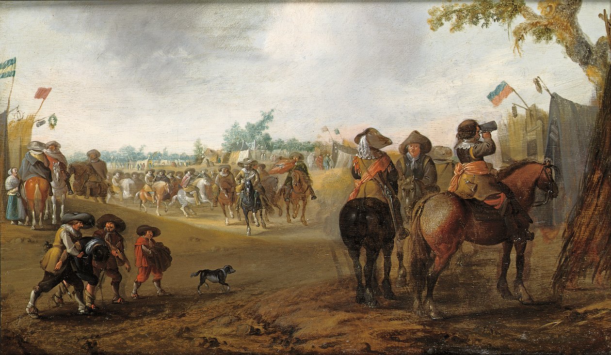 Um acampamento militar com cavaleiros de Palamedes Palamedesz