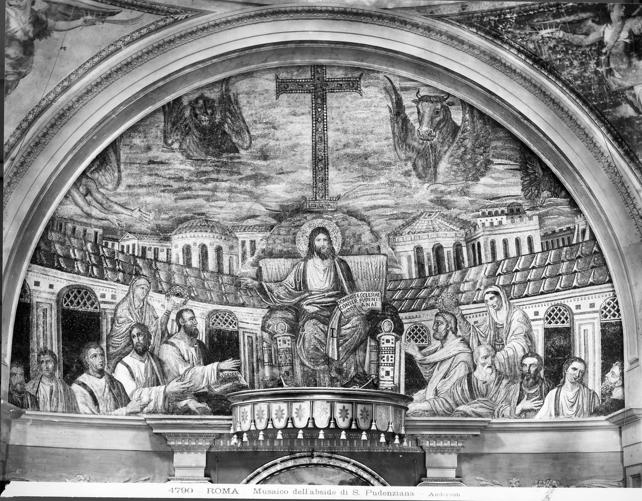 Cristo entronizado rodeado pelos apóstolos e santos Pudentiana e Praxedis, na abside (mosaico) de Paleo Christian