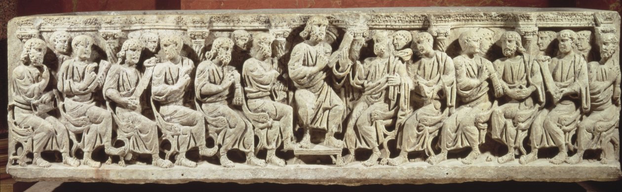 Cristo sentado e ensinando cercado pelos apóstolos, sarcófago cristão de mármore, adquirido da igreja de Rignieux-le-Franc, final do século 4 dC de Paleo Christian