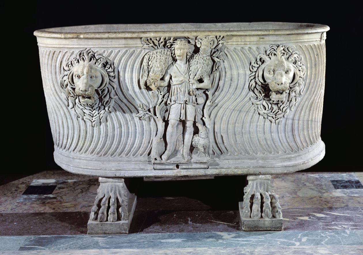 Sarcófago Borghese decorado com o Bom Pastor e cabeças de leões, do 3º ao 5º século de Paleo Christian