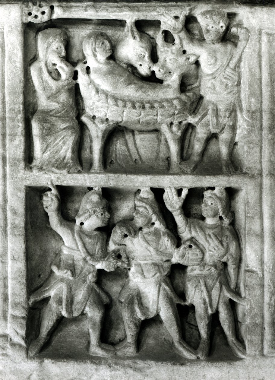 Detalhe, de, um, alívio, de, a, sarcófago, de, a, pedra natividade, bw, foto de Paleo Christian