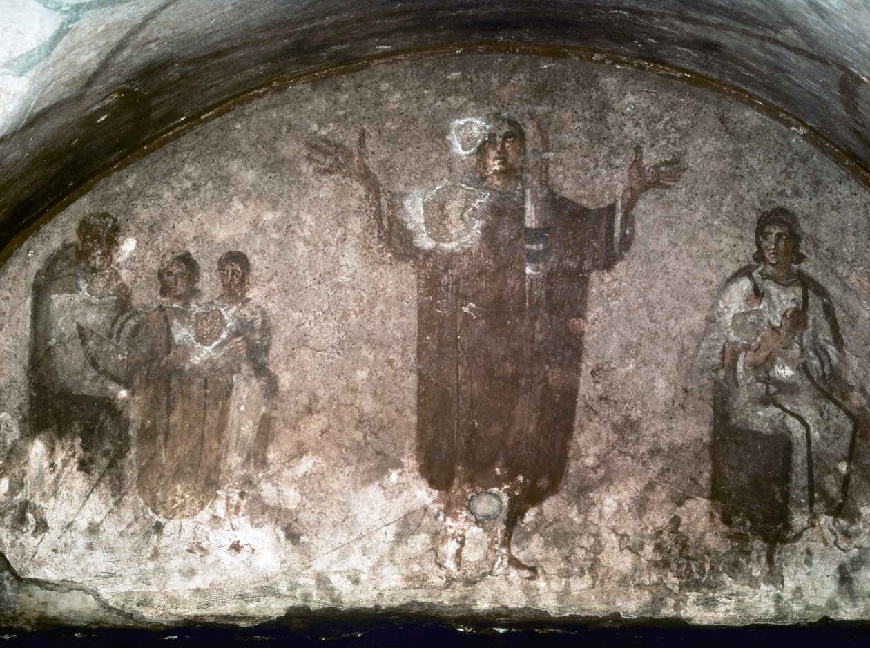 ARTE CRISTÃ PRIMITIVA: Catacumba de Santa Priscila. Cubículo da Velata, finais do século III (fresco) de Paleo Christian