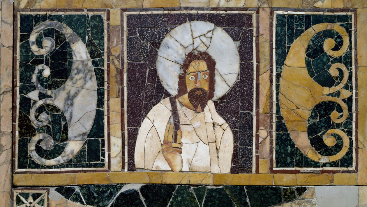 Mármore incrustado representando a face de Cristo, artefato de Roma, Itália, período cristão primitivo. de Paleo Christian