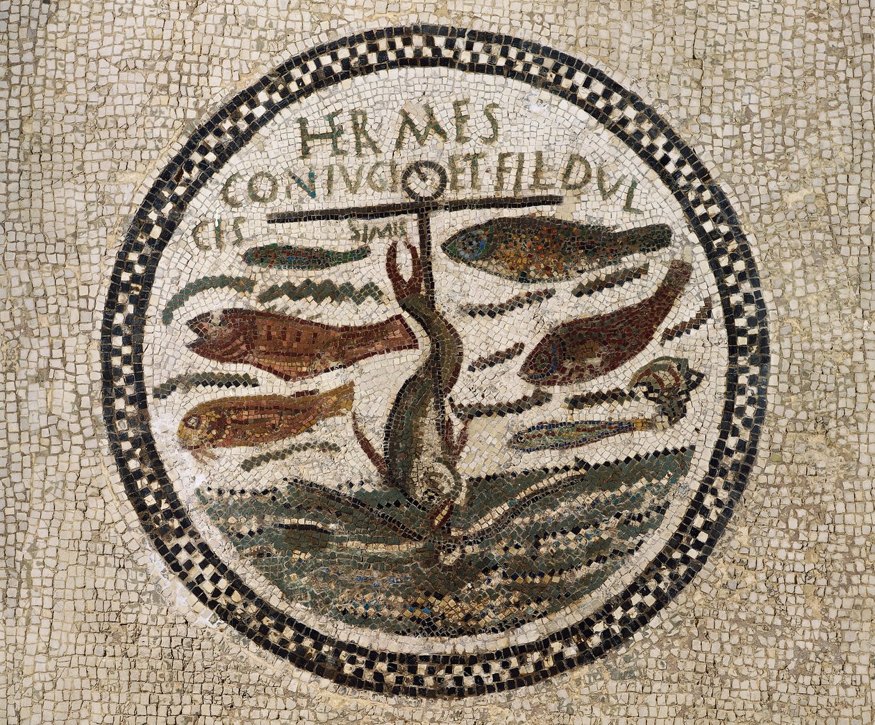 Mosaico com âncora rodeado de peixes, símbolo de Cristo e seus seguidores, Catacumbas de Sousse, Tunísia, período cristão primitivo, século IV de Paleo Christian