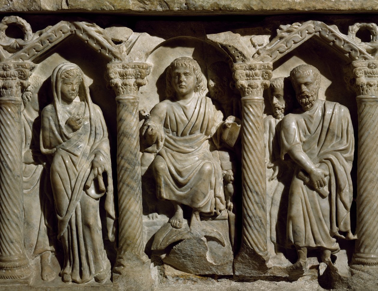 Sarcófago dos primeiros cristãos também conhecido como Sarcófago do Beato Giles, mármore, Oratório de São Bernardino, Perugia, Úmbria, Detalhe, Itália, século IV de Paleo Christian