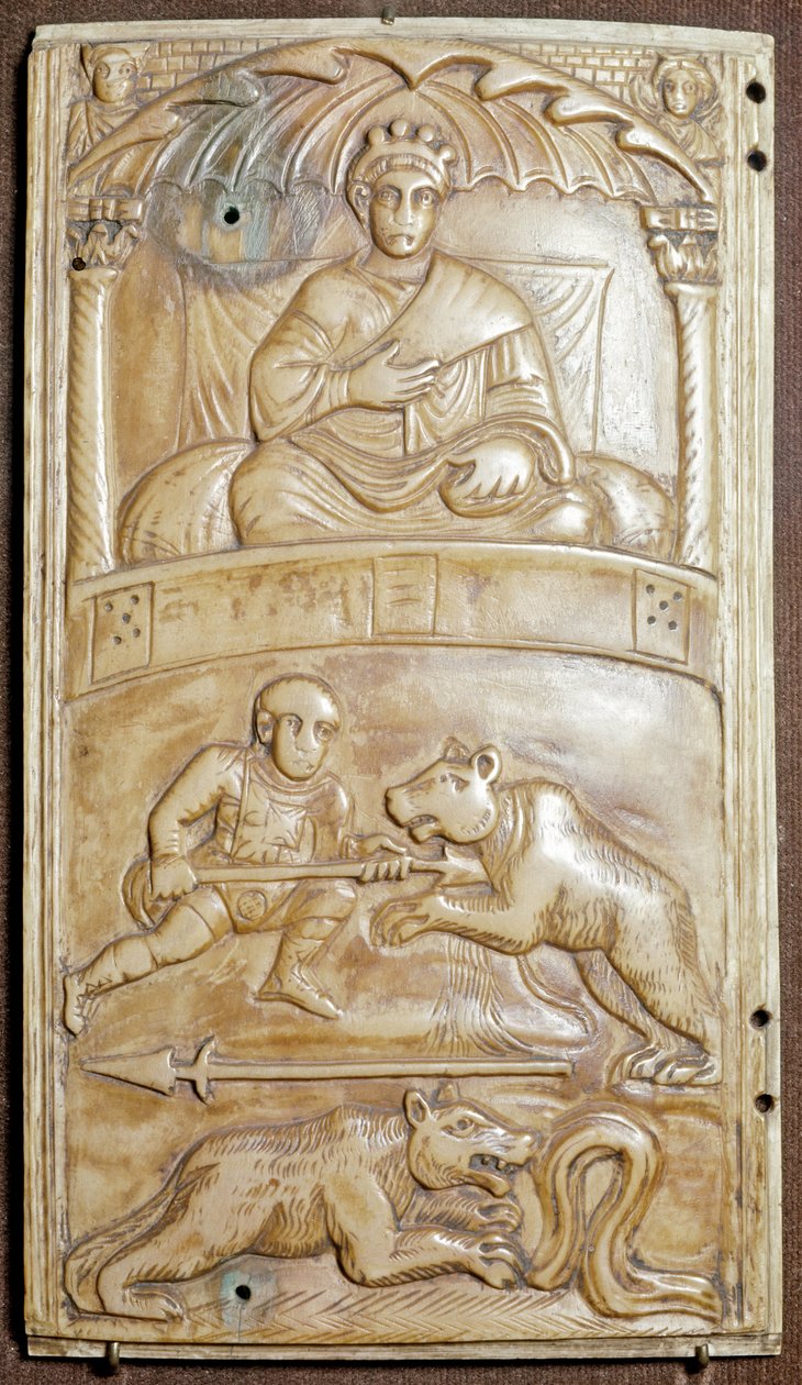 Jogos no Circo com um urso (dyptich em relevo de marfim, ca 400) de Paleo Christian