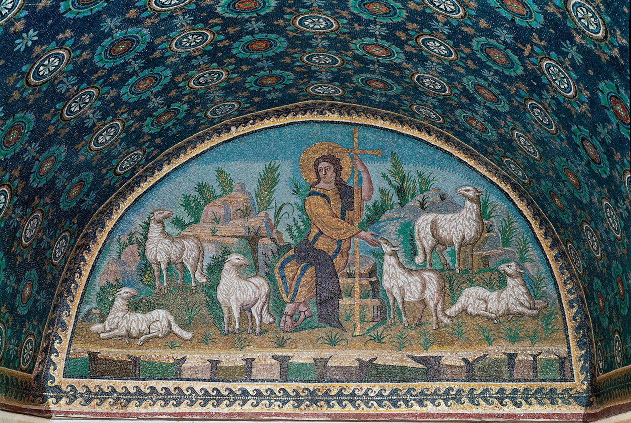 Bom pastor. Mosaico da luneta por cima da porta de entrada do Mausoléu de Galla Placidia, c.425 (mosaico) de Paleo Christian