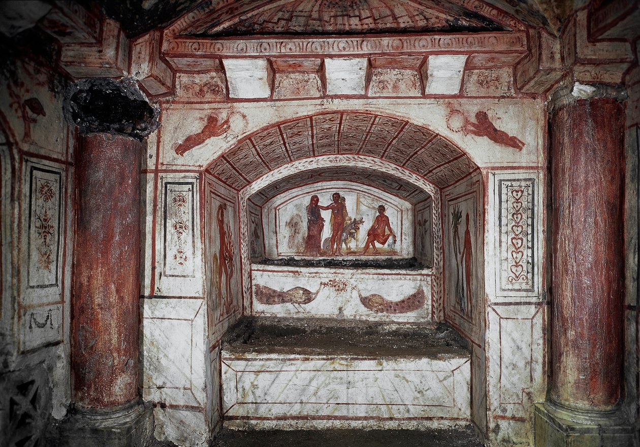 Arte Paleocreciana: "Hércules (Alcide) trazendo Alceste do Submundo devolve-a ao seu marido Admete" Fresco do século IV depois de JC. Roma, Catacumbas de Via Latina - Arte Cristã Primitiva. Hércules trazendo Alcestis de Hades de volta para o seu marido de Paleo Christian