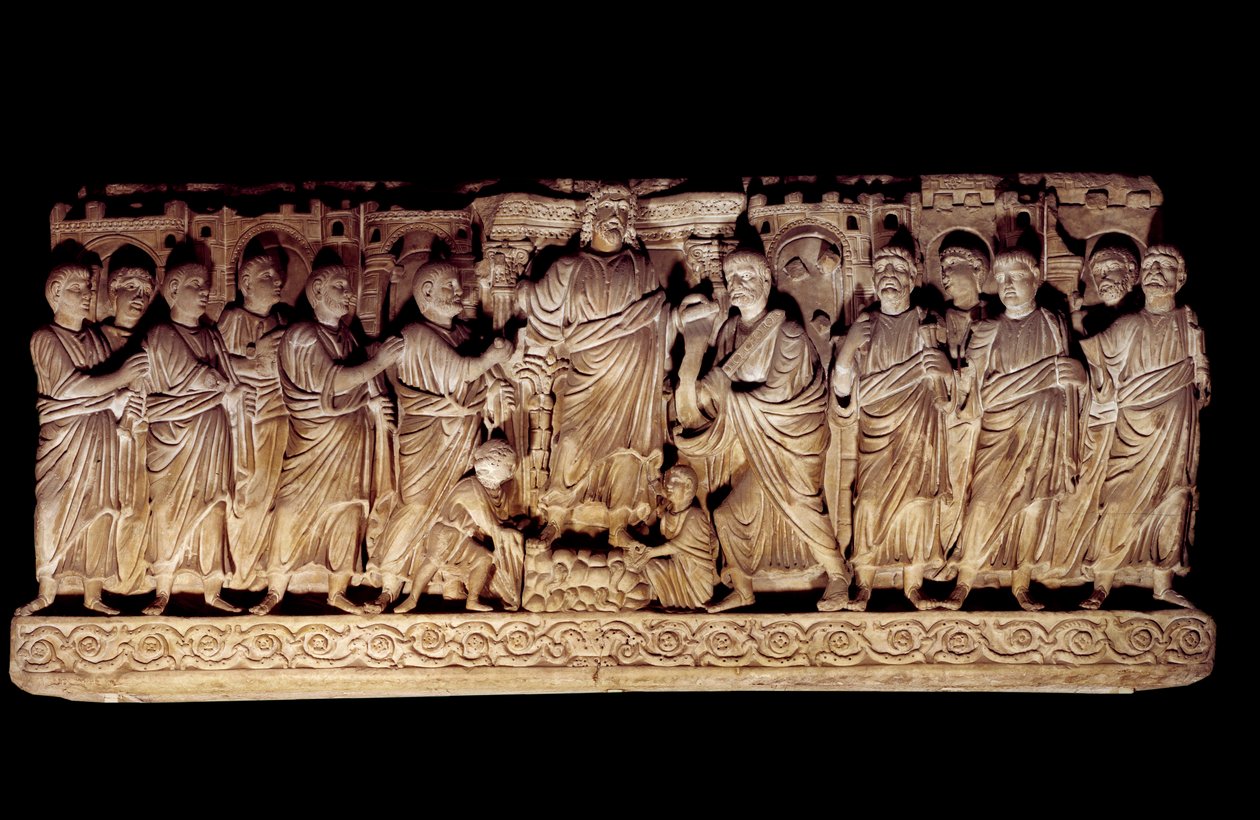 Arte Paleocristã: sarcófago esculpido representando Cristo com os apoters. da Basílica de São Pedro em Roma, mausoléu dos Anicii. 390-400 AD. Paris, Museu do Louvre de Paleo Christian