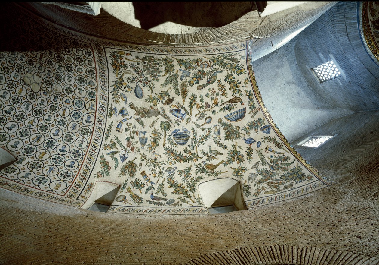 Arte Paleocristã: cena da colheita. Pormenor do mosaico, século IV de Paleo Christian