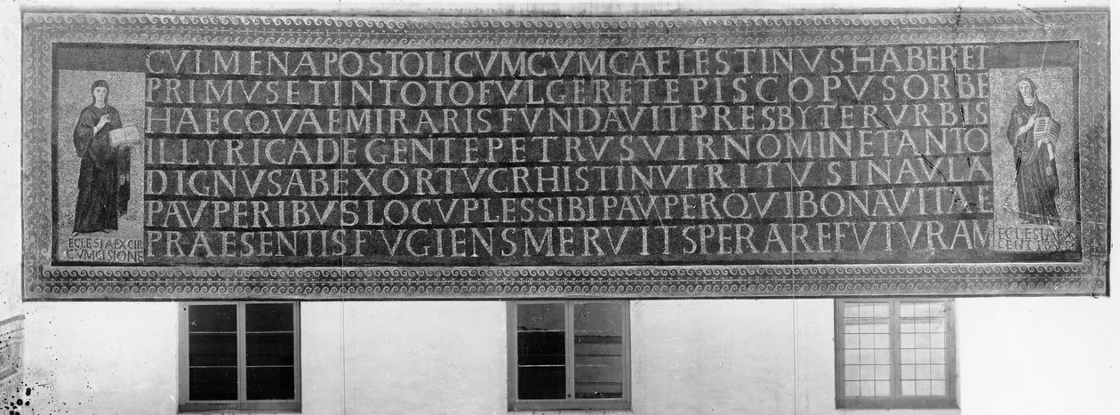 Sete hexâmetros flanqueados por duas figuras, uma representando a Igreja dos Judeus (ex-circuncisão) e a outra a Igreja dos Gentios (ex-gentibus) (mosaico) de Paleo Christian