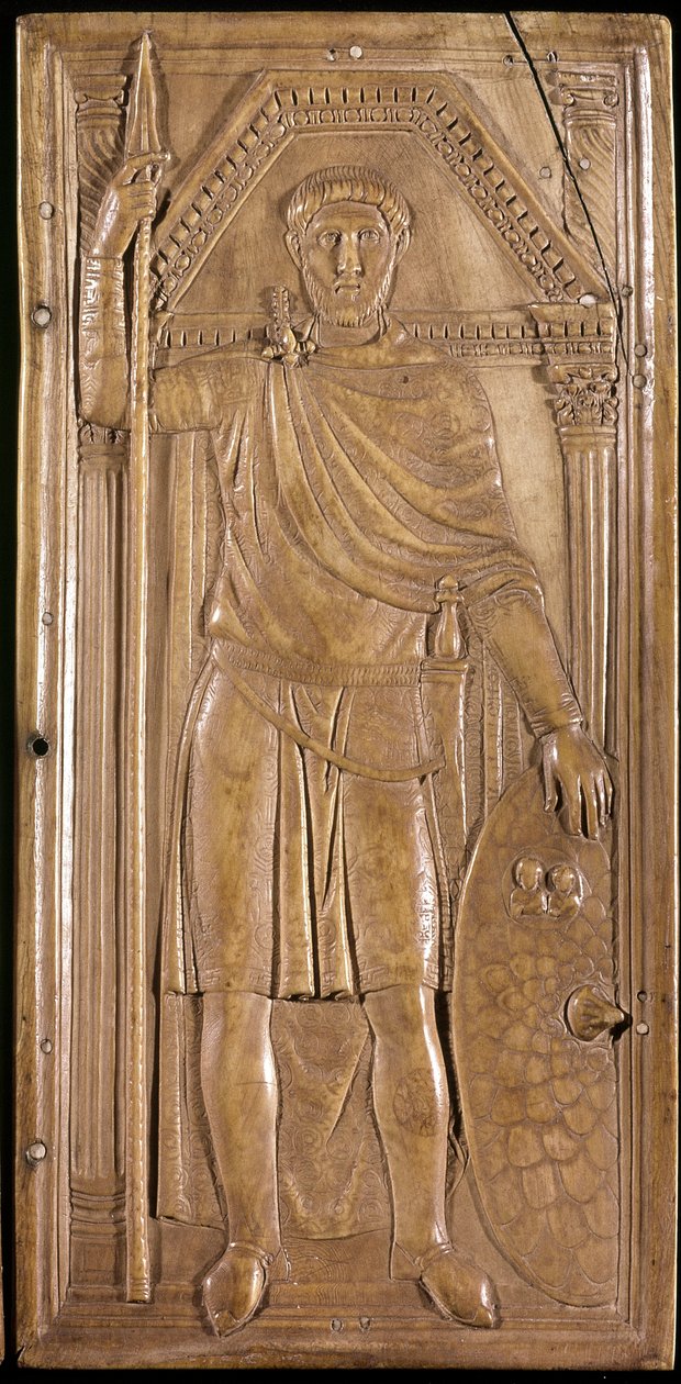 Stilicon em armas, general, patrono e cônsul do Império Romano ocidental. Painel direito do díptico de Stilicho (escultura em marfim, c. 395) de Paleo Christian