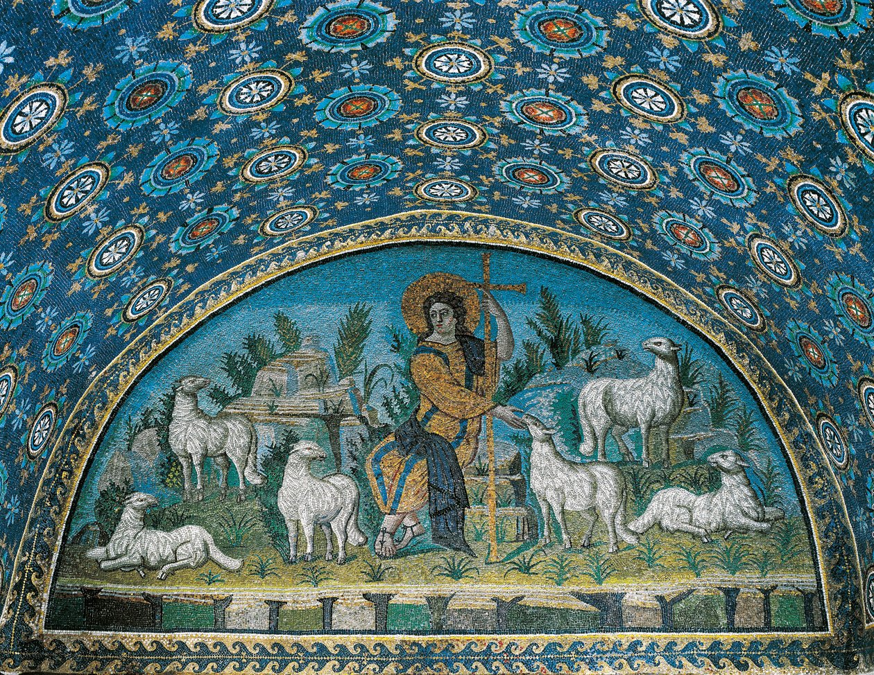 O Bom Pastor, Mosaico da luneta acima da porta de entrada do Mausoléu de Galla Placidia, c425 (mosaico) de Paleo Christian