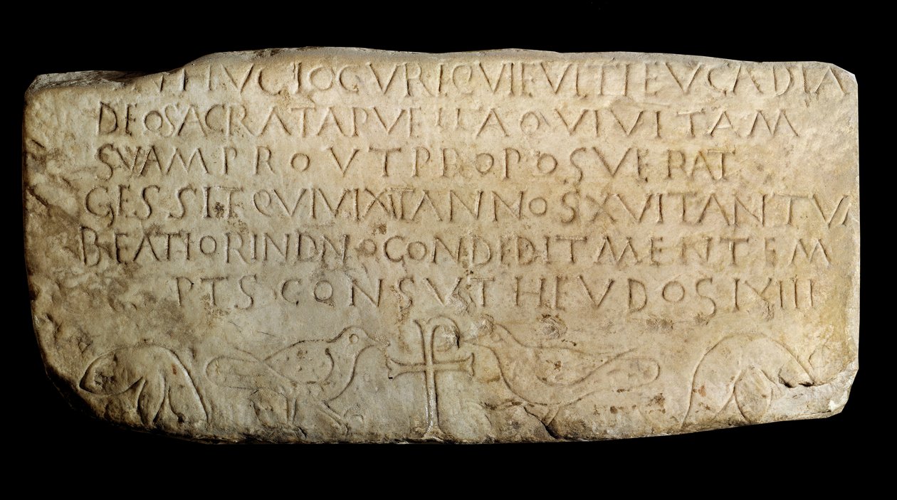Arte Paleocristã: epitáfio de Leucadia. Placa da antiga igreja dos Macabeus em Lyon. Paris, Museu do Louvre de Paleo Christian Paleo Christian