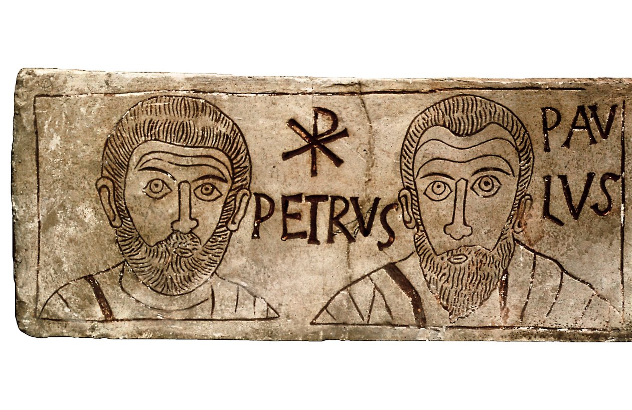 Sarcófago representando os apóstolos Pedro e Paulo, civilização cristã primitiva de Paleo Christian Paleo Christian