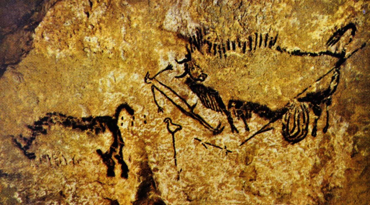 Bisão ferido, homem ferido e rinoceronte lanudo, Lascaux (pintura rupestre) de Paleolithic Paleolithic