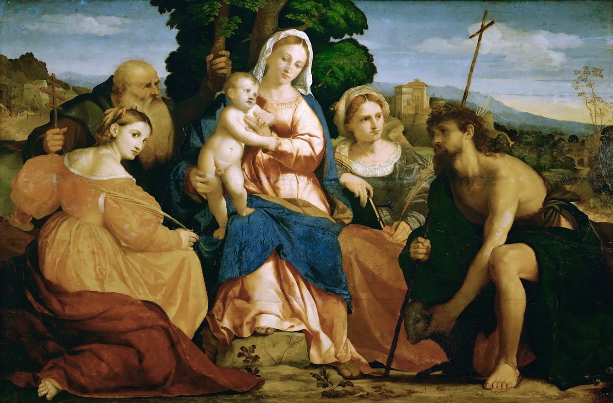 Maria com a criança e os santos Katharina e Celestine (à esquerda) e John d. Batista e Bárbara (à direita) de Palma il Vecchio