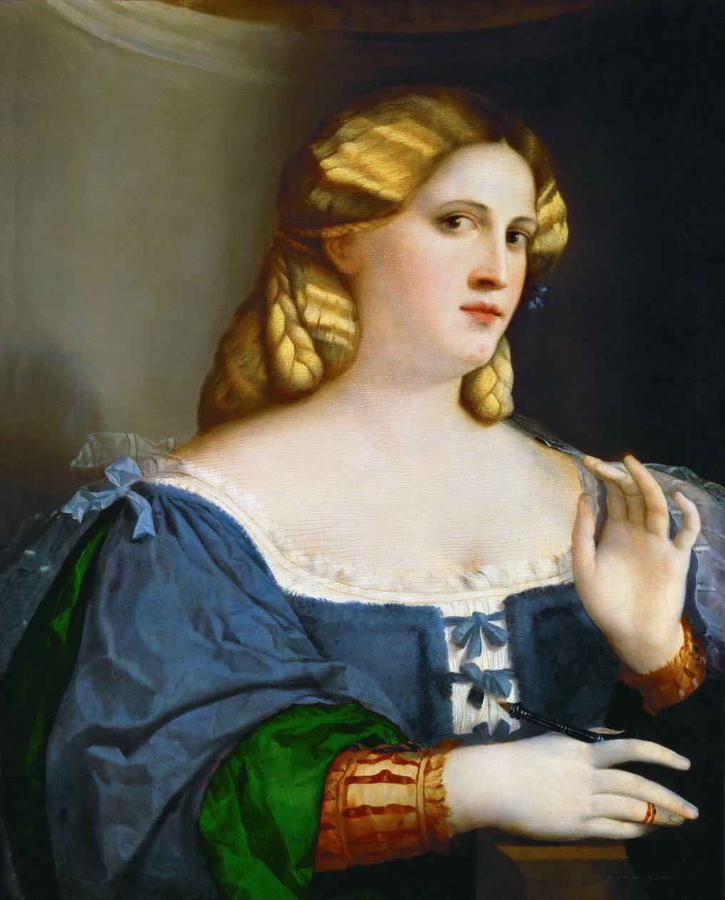 Mulher jovem, em, vestido azul, com, pena de Palma il Vecchio