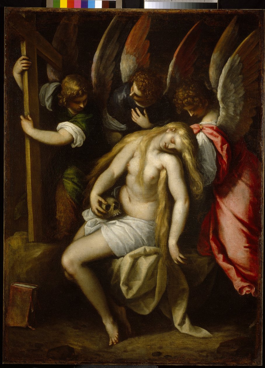 A Morte de Maria Madalena (Maria de Magdala). Pintura de Jacopo Palma II Giovane, o mais novo (1544-1628), óleo sobre tela de Palma Il  Giovane