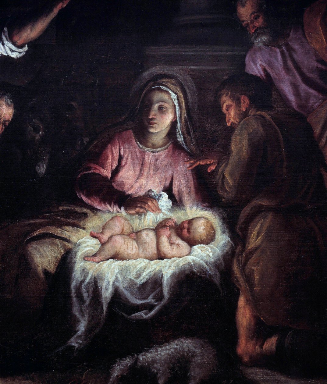 A Adoração dos Pastores Detalhe de uma pintura de Palma Giovane (1544-1628). Geneve do século XVII, Museu de Arte e História de Palma Il Giovane