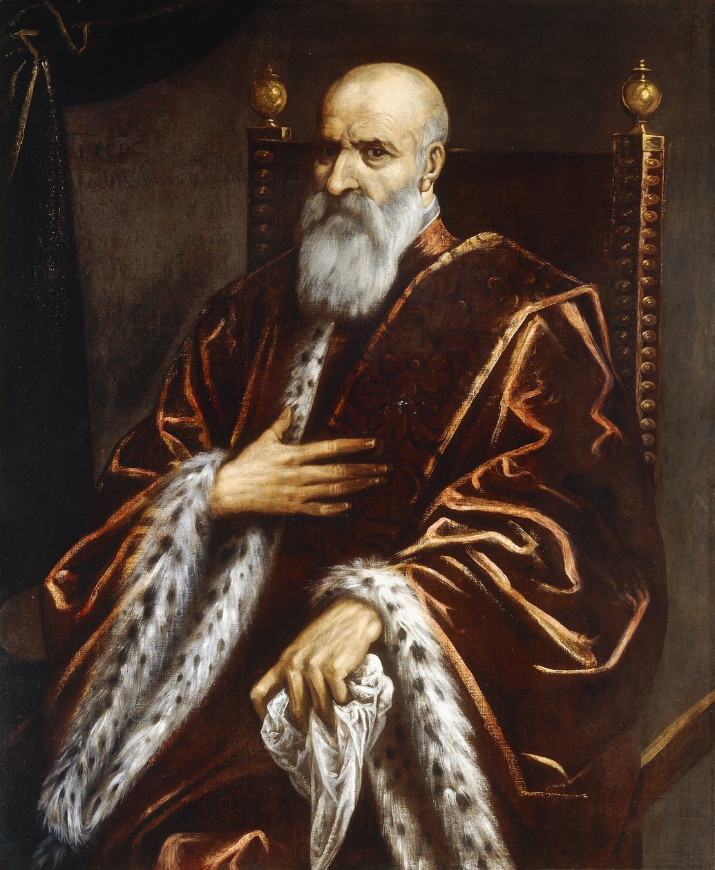 Retrato de um senador veneziano, sentado três quartos, vestindo uma capa de veludo vermelho, de Palma Il Giovane
