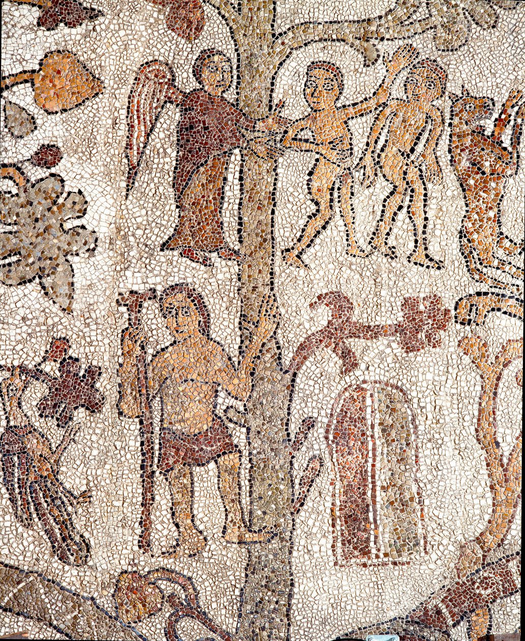 Adão e Eva caçam no Mosaico do Paraíso Terrestre de Pantaleone, sacerdote e mosaista. 1163-1166. Nave central da Catedral de Otranto de Pantaleon