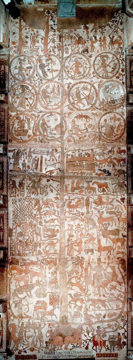 A Criação do Mundo, Adão e Eva, cenas bíblicas e sinais do zodíaco Vista do totalito dos mosaicos de Pantaleone, sacerdote Moassete (século XII) cobrindo o pavimento da nave da catedral de Otranto (Otranto), Itália de Pantaleon Pantaleon