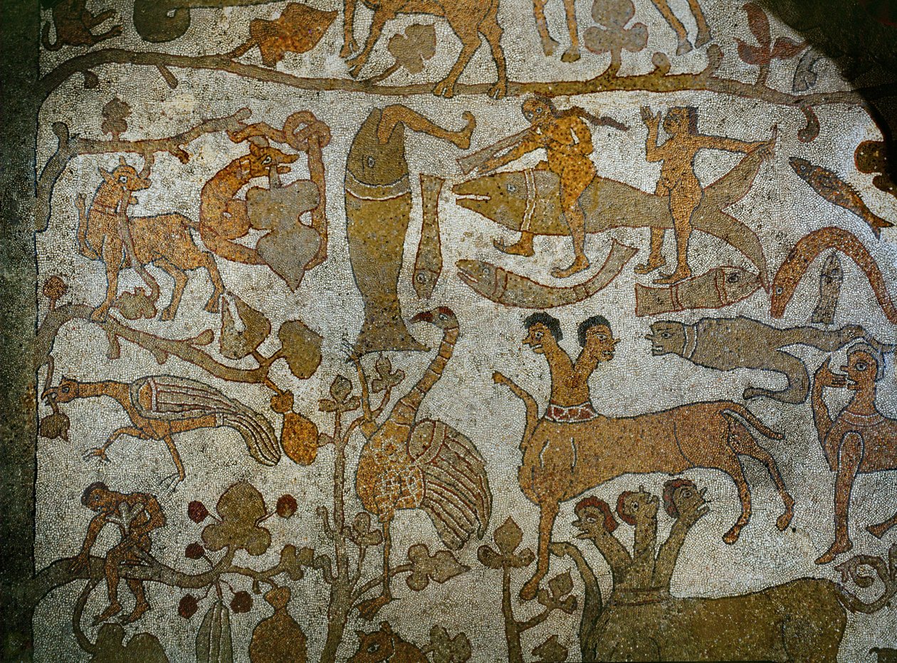 Bestas da Índia por cima da imagem do conquistador da Índia Alexandre, o Grande, do chão de mosaico da catedral de Otranto (mosaico) de Pantaleone Pantaleone