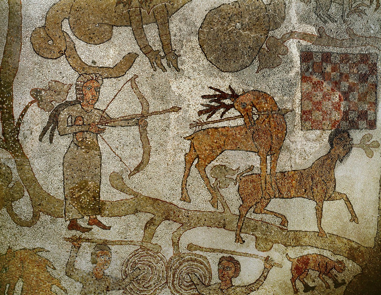A Deusa Diana matando um veado; do pavimento em mosaico da catedral de Otranto, sul de Itália (mosaico) de Pantaleone Pantaleone