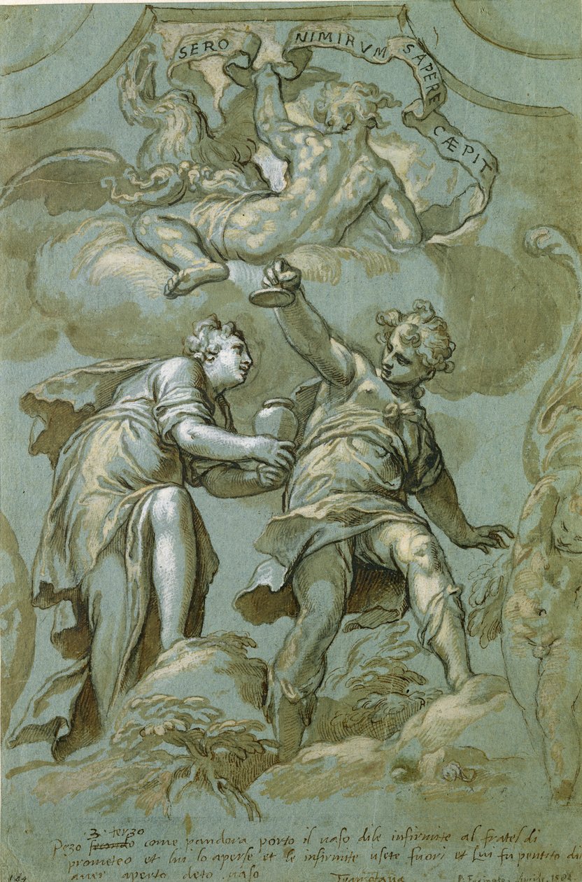 Pandora oferece a caixa para Epimetheus (caneta e tinta e lavar no papel) de Paolo Farinati