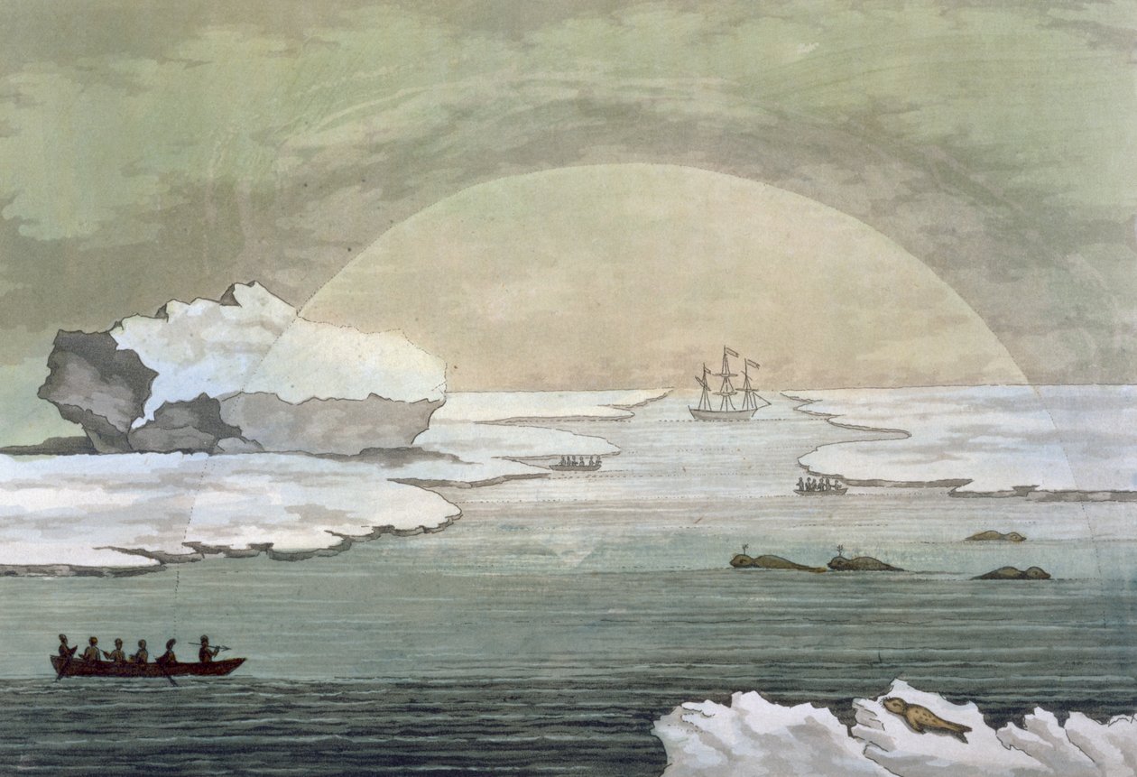 Uma baleia britânica gelada é libertada pelos raios do sol, Baía de Baffin, em julho de 1817, de &39;Le Costume Ancien et Moderne&39;, Volume I, placa 21, de Jules Ferrario, publicado em 1820s-30s. de Paolo Fumagalli