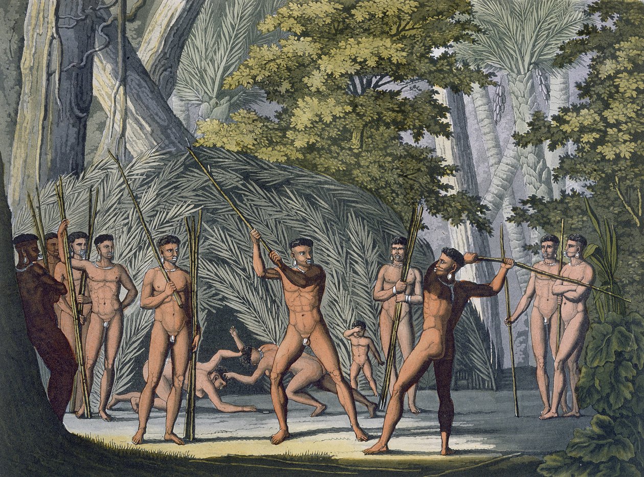Tribo Botocudos do Rio Grande, no Paraguai, de &39;Le Costume Ancien et Moderne&39;, de Jules Ferrario, publicado em 1820-30 (gravura a cores) (ver também 177059) de Paolo Fumagalli