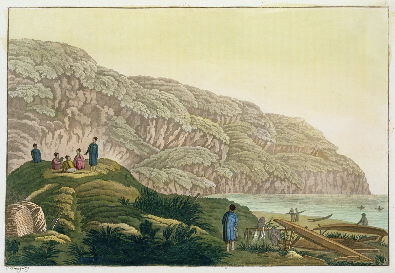 Capitão Cook (1728-79) no Alasca durante a sua viagem (gravura a cores) de Paolo Fumagalli
