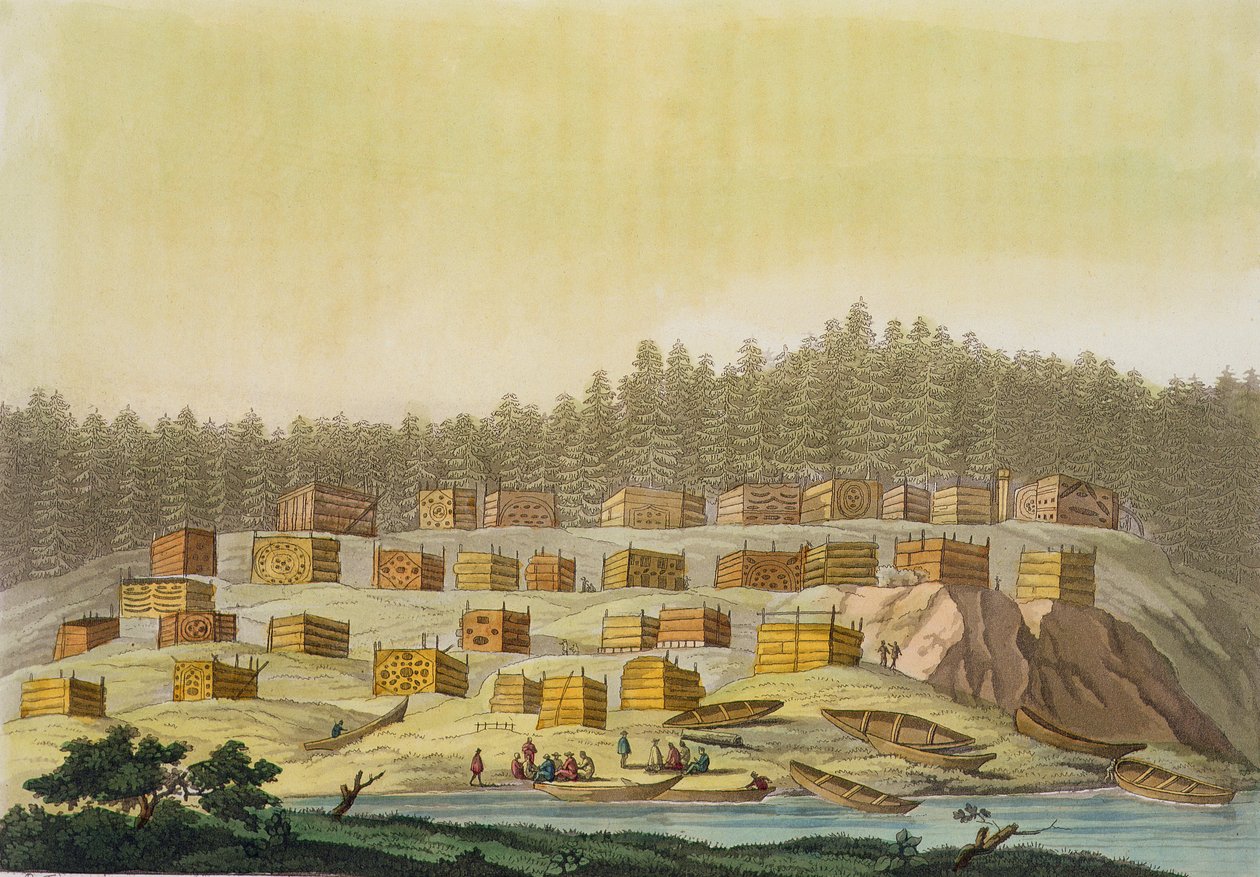 Indian Village, Nova Geórgia, Alasca (gravura a cores) de Paolo Fumagalli